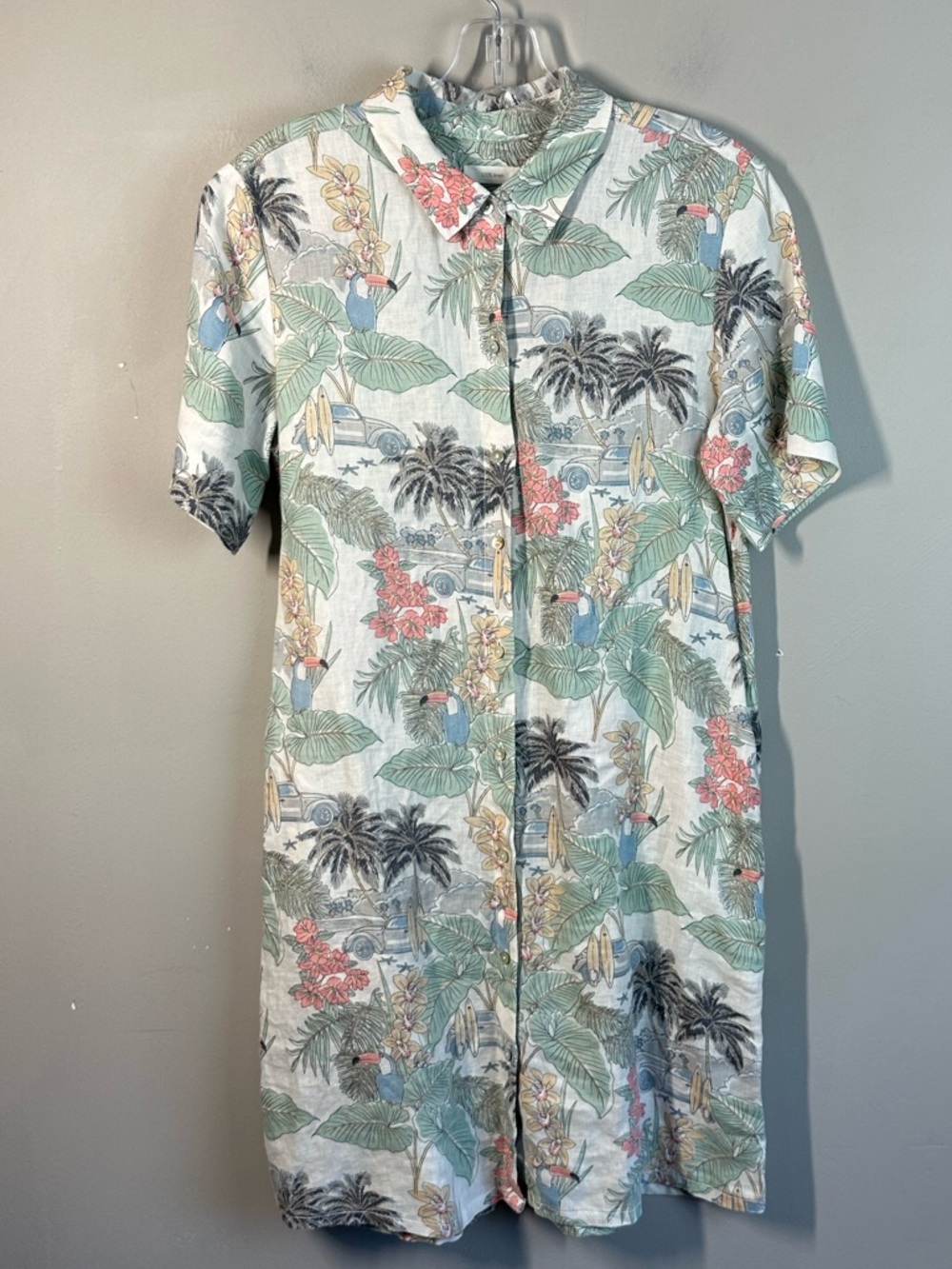 C&C California 100% Linen Beach Toucan Surf Shirt Dress Size S - Picture 2 of 13